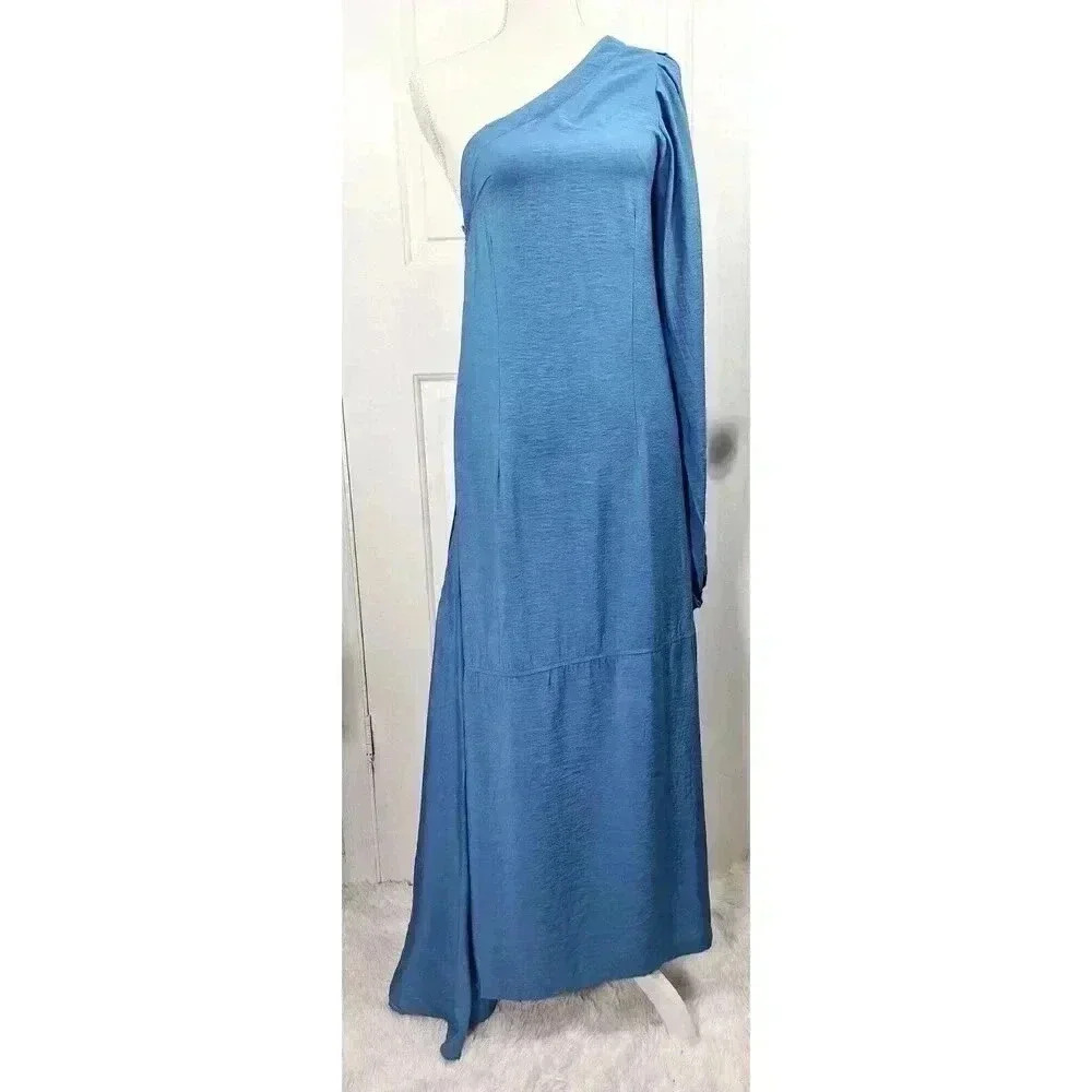 Alionas London Blue One Shoulder Maxi Dress Linen Blend Puff Sleeve Size S
